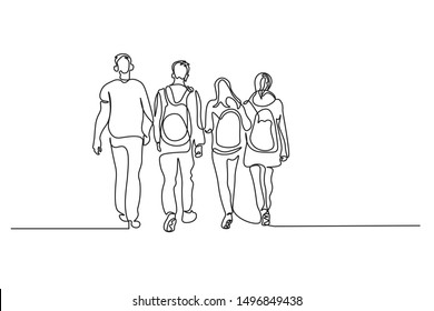 Continuous line art or One Line Drawing of a group of people to travel walking,.