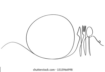 Continuous line art or One Line Drawing of plate, khife and fork. linear style and Hand drawn Vector illustrations