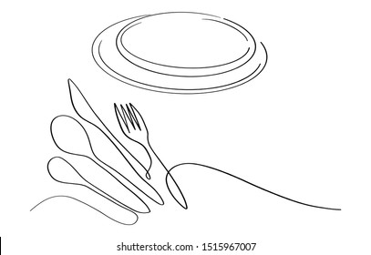 Continuous line art or One Line Drawing of plate, khife and fork. linear style and Hand drawn Vector illustrations