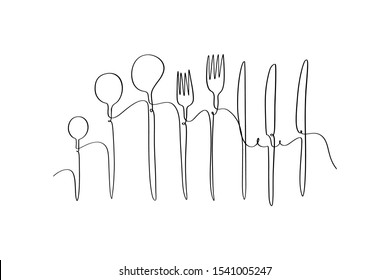 Continuous line art or One Line Drawing of plate, khife and fork. linear style and Hand drawn Vector illustrations