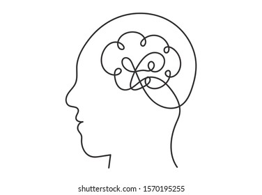 Continuous line art or One Line Drawing of a human brain, mechanical and robotic technology with advanced