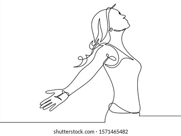 Continuous line art or One Line Drawing of a woman stretching arms is relaxing picture vector illustration - Shutterstock ID 1571465482