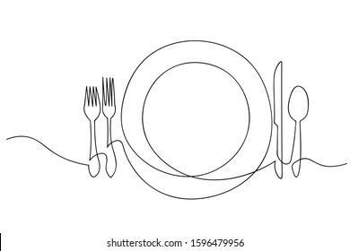 Continuous line art or One Line Drawing of plate, khife and fork. linear style and Hand drawn Vector illustrations