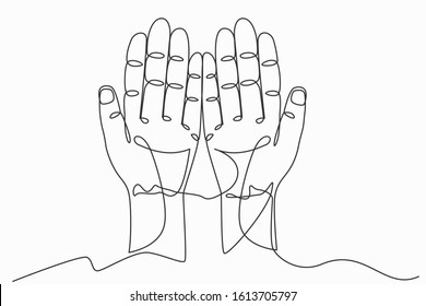 Continuous line art or One Line Drawing of prayer hand worship Christian. Eucharist Therapy Bless God Helping Repent Catholic Easter Lent Mind Pray. linear style and Hand drawn. Vector illustrations.