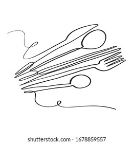 Kontinuierliche Linienkunst oder One Line Zeichnung von Teller, Khife und Gabel. lineare und handgezeichnete Vektorgrafiken