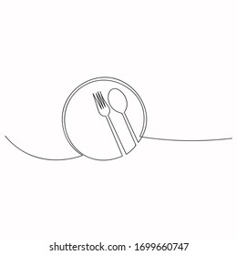 Continuous line art or One Line Drawing of plate, khife and fork. linear style and Hand drawn Vector illustrations