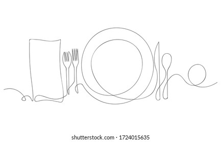 Continuous line art or One Line Drawing of plate, khife and fork. linear style and Hand drawn Vector illustrations