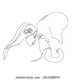 Dibujo de línea continua o dibujo de una línea. Ilustración vectorial de la mujer africana y el elefante, concepto de amistad humana y animal. Animales de África