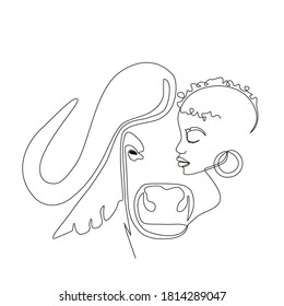 Continuous line art or One Line Drawing. African woman and buffalo vector illustration, human and animal friendship concept. Animals of Africa