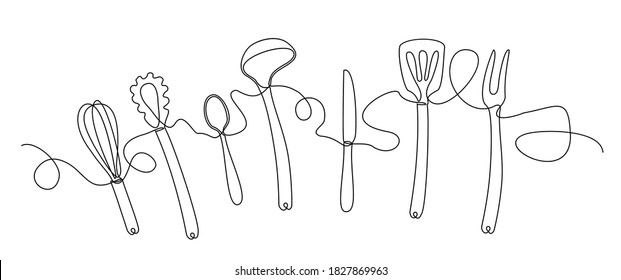 Continuous line art or One Line Drawing of knife, fork, spoons and kitchen utensils. Linear style and Hand drawn Vector illustrations. Cooking. Background with Utensils. Continuous drawing style.