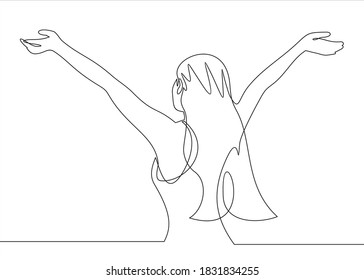 Continuous line art or One Line Drawing of a woman stretching arms is relaxing picture vector illustration