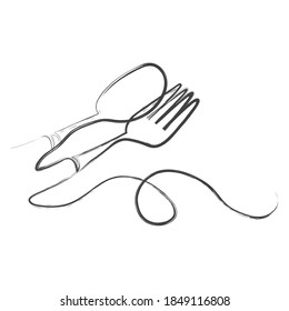 Dibujo de línea continua o dibujo de una línea de placa, hife y tenedor. estilo lineal e ilustraciones de vectores dibujados a mano