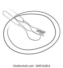 Kontinuierliche Linienkunst oder One Line Zeichnung von Teller, Khife und Gabel. lineare und handgezeichnete Vektorgrafiken