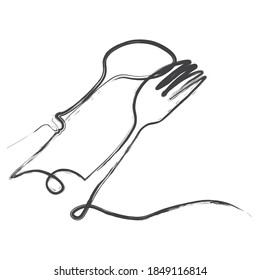 Continuous line art or One Line Drawing of plate, khife and fork. linear style and Hand drawn Vector illustrations