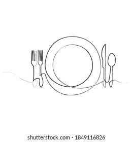 Continuous line art or One Line Drawing of plate, khife and fork. linear style and Hand drawn Vector illustrations