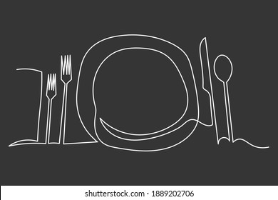 Continuous line art or One Line Drawing of plate, khife and fork. linear style and Hand drawn Vector illustrations
