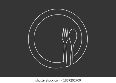 Continuous line art or One Line Drawing of plate, khife and fork. linear style and Hand drawn Vector illustrations