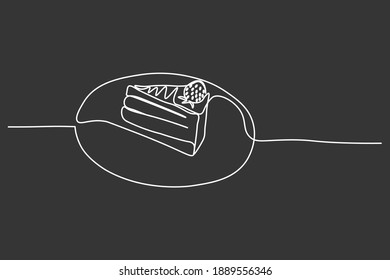 Continuous line art or One Line Drawing of plate, khife and fork, Cake. linear style and Hand drawn Vector illustrations 