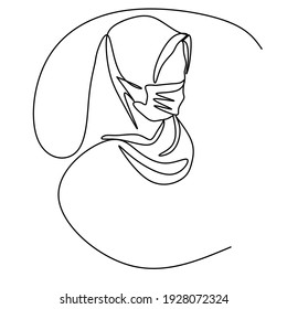 Continuous line art or One Line Drawing Muslim women wearing masks
