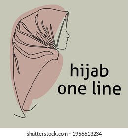 Continuous line art or One Line Drawing of Muslim women wearing hijab