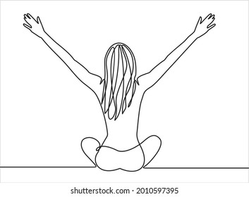 Continuous line art or One Line Drawing of a woman stretching arms is relaxing picture vector illustration