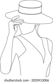 Arte de línea continua o dibujo de una línea de una mujer con un estilo lineal de sombrero e ilustraciones de vector dibujadas a mano, contorno