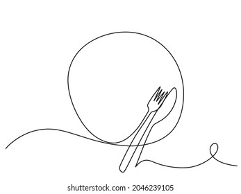 Dibujo de línea continua o dibujo de una línea de placa, hife y tenedor. estilo lineal e ilustraciones de vectores dibujados a mano