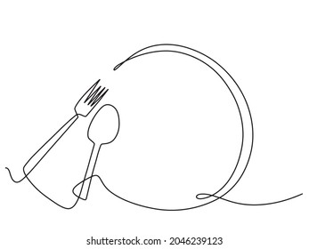 Continuous line art or One Line Drawing of plate, khife and fork. linear style and Hand drawn Vector illustrations