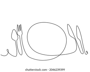 Continuous line art or One Line Drawing of plate, khife and fork. linear style and Hand drawn Vector illustrations