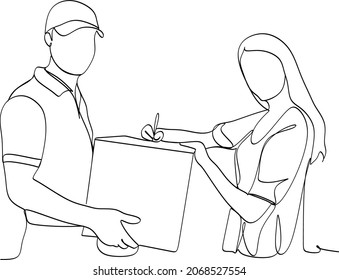 Continuous line art or One Line Drawing of delivery man standing with parcel post