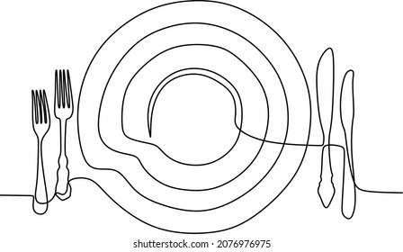 Continuous line art or One Line Drawing of plate, khife and fork. linear style and Hand drawn Vector illustrations