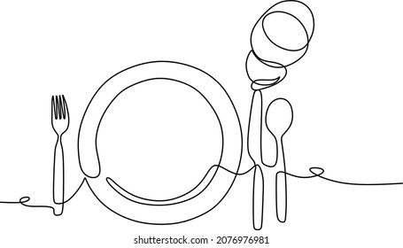 Dibujo de línea continua o dibujo de una línea de placa, hife y tenedor. estilo lineal e ilustraciones de vectores dibujados a mano