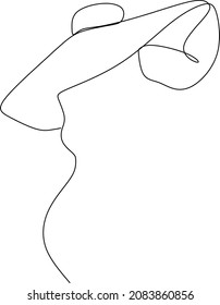 Continuous line art or One Line Drawing of a woman wearing a hat linear style and Hand drawn vector illustrations, outline