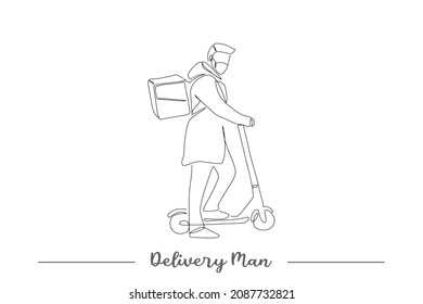 Continuous line art or One Line Drawing of 
 delivery man  standing with parcel post