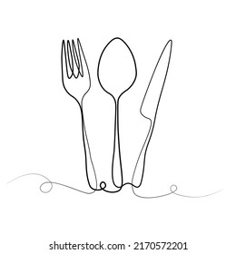Continuous line art or one line A drawing of the plate, knife, and fork. hand-drew vector illustrations, utensils,