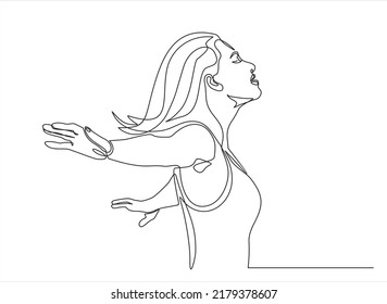 Continuous line art or One Line Drawing of a woman stretching arms is relaxing picture vector illustration