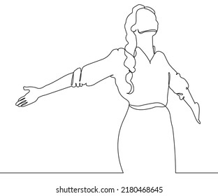 El arte continuo de la línea o el dibujo de una línea de una mujer que estira los brazos es una relajante ilustración vectorial.
