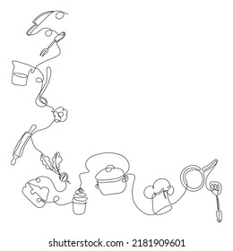 Continuous line art or one line A drawing of the plate, knife, and fork. hand-drew vector illustrations, utensils,