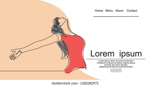 Continuous line art or One Line Drawing of a woman stretching arms is relaxing picture vector illustration