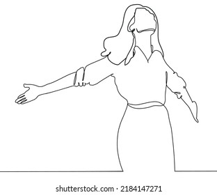 El arte continuo de la línea o el dibujo de una línea de una mujer que estira los brazos es una relajante ilustración vectorial.