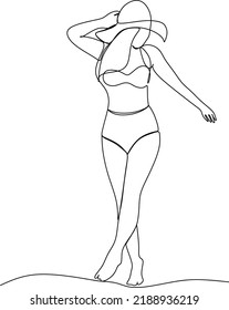 Arte de línea continua o dibujo de una línea de chica en la playa. Ilustración vectorial. Alegría de las vacaciones de verano, mujer despreocupada y alegre de pie en un destino de playa tropical de arena.