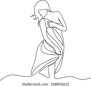 Arte de línea continua o dibujo de una línea de chica en la playa. Ilustración vectorial. Alegría de las vacaciones de verano, mujer despreocupada y alegre de pie en un destino de playa tropical de arena.