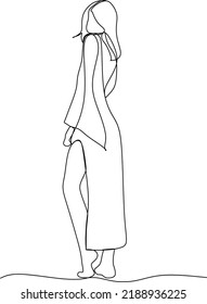 Continuous line art or One Line Drawing of girl on beach. Vector Illustration. Summer vacation happiness carefree joyful woman standing on sand tropical beach destination.
