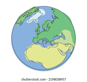 Continuous line art or one line drawing of global vector on white background. Africa and Europe