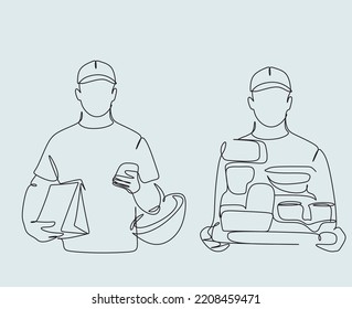 Continuous line art or One Line Drawing of Delivery Man Ride Scooter Motorcycle Cartoon Vector illustration