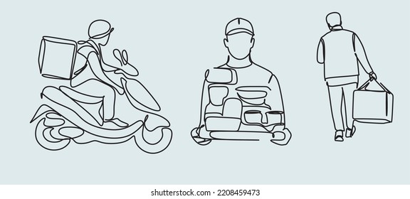 Continuous Line Art oder One Line Drawing Delivery Man Ride Scooter Motorrad Cartoon Vektorgrafik