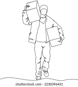 Continuous line art or One Line Drawing of delivery man standing with parcel post