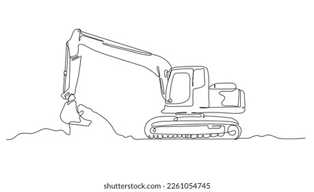 Continuous line art or One Line drawing of excavator for digging soil vector illustration, business transportation. heavy equipment vehicle construction concept. modern continuous line drawing design 