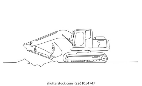 Continuous line art or One Line drawing of excavator for digging soil vector illustration, business transportation. heavy equipment vehicle construction concept. modern continuous line drawing design 