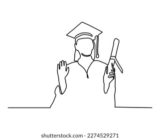 Dibujo de línea continua o dibujo de una línea de tarjeta de felicitación de estudiantes de graduación concepto de tarjeta, estilo lineal e ilustraciones de vector dibujadas a mano.